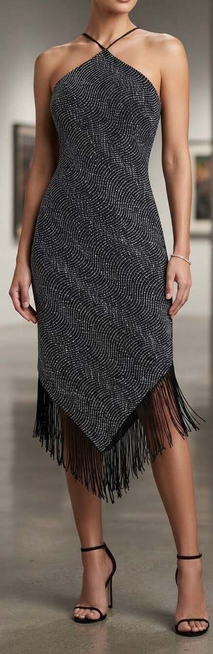 Cache Vintage /Y2K Beaded Fringe Halter Dress Size 4 Black Silver